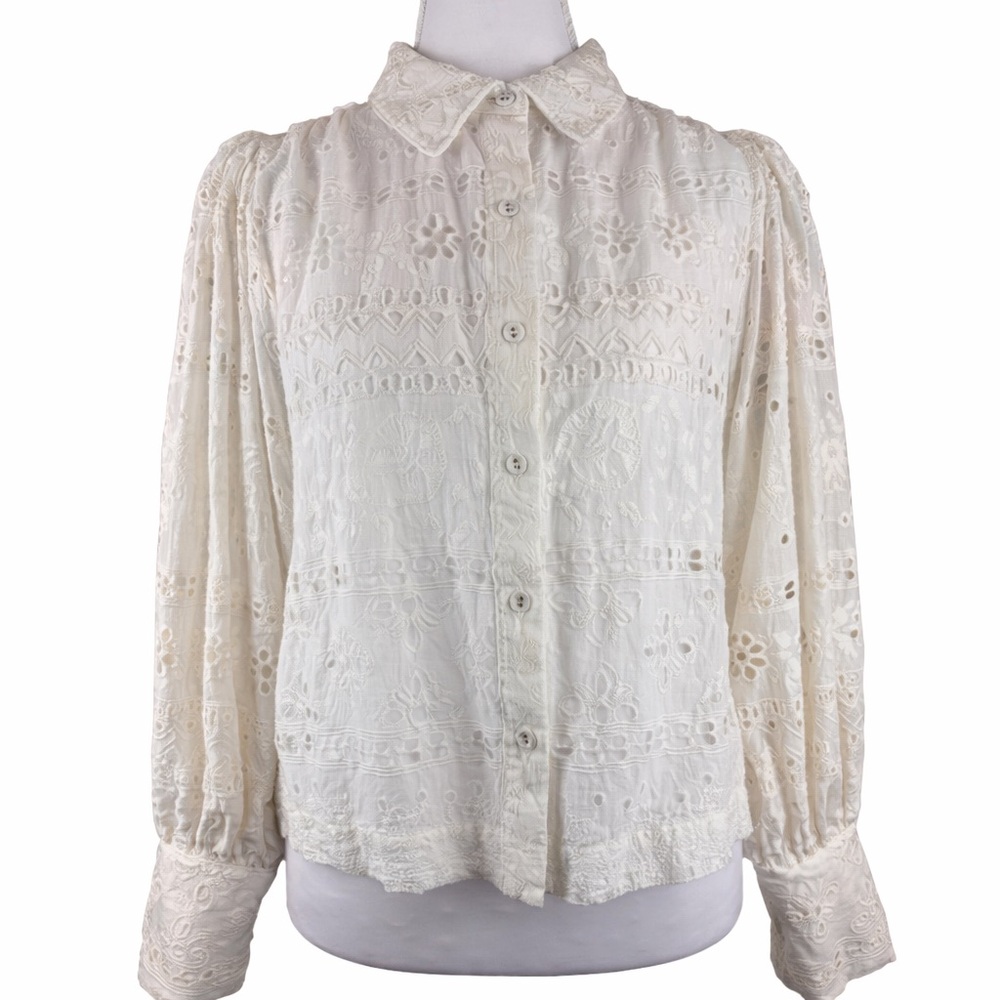 House of Harlow 1960 Harmony Cotton Embroidered Ivory Eyelet Puff Sleeve Size S